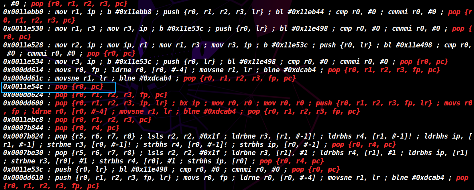 libc的偏移 0x0011e54c : pop {r0, pc}