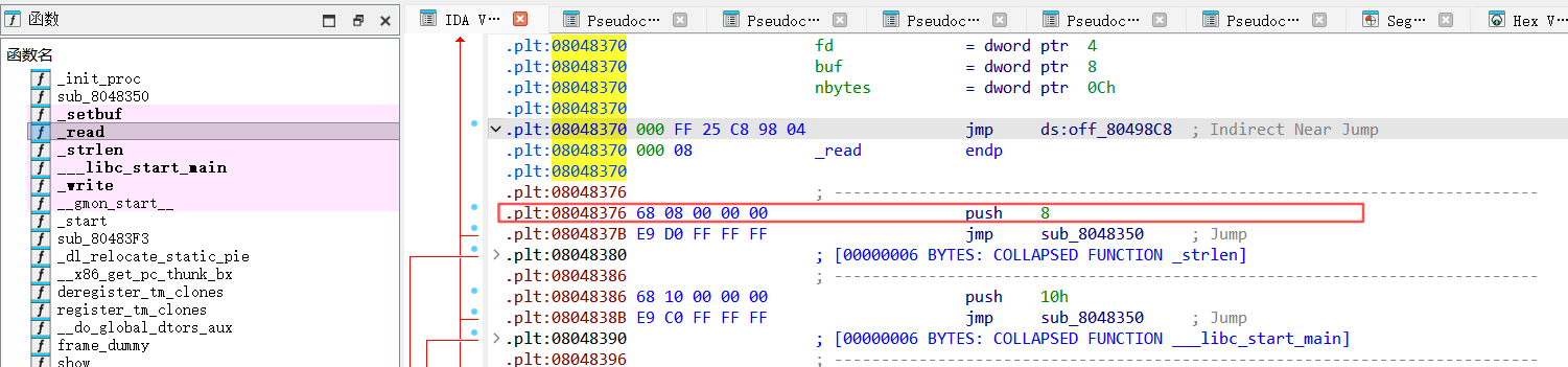 0x8048376:push 0x8; jmp plt0